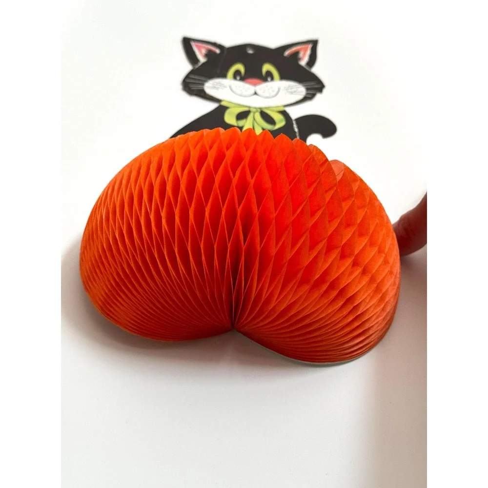 Vintage Honeycomb Halloween Decoration Black Cat on Pumpkin fall decor